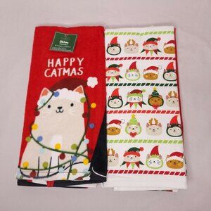 Happy Catmas Christmas Cat Dish Accent Towels Set of 2 Fun Kitties Holiday Decor